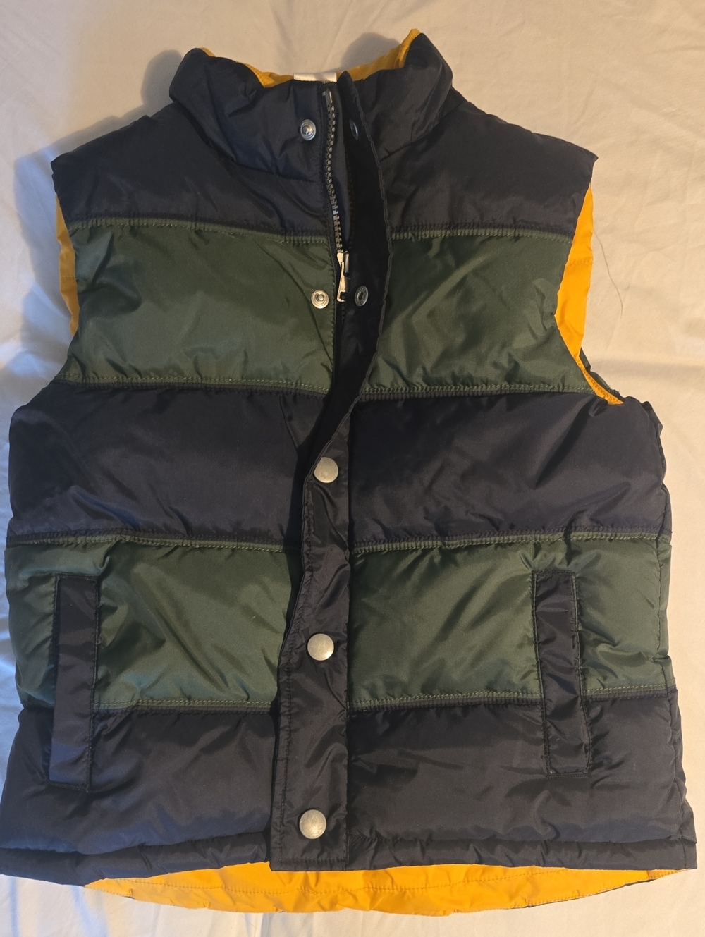 Gymboree Boys Size S 5-6 Colorblock Puffer Vest Navy Green Yellow Snap Zipper